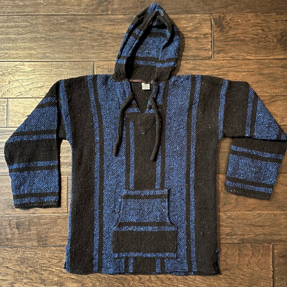 Mexican Sarape Hoodie Authentic Soft Warm Black Blue Vintage VNT